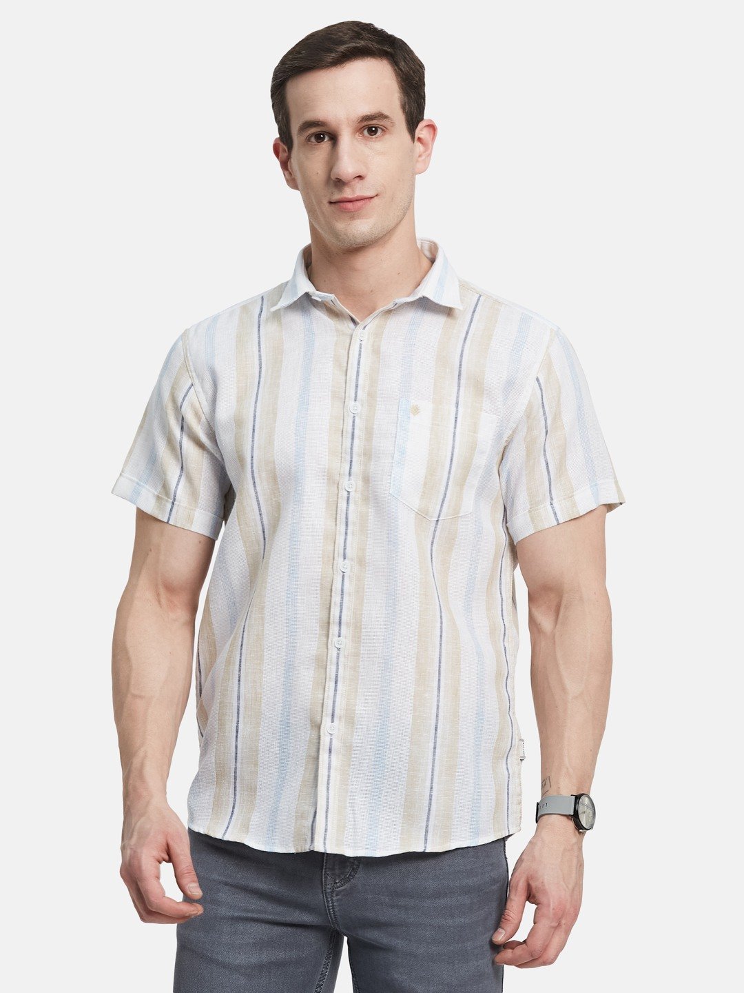 METTLE Men Spread Collar Vertical Striped Cotton Casual Shirt