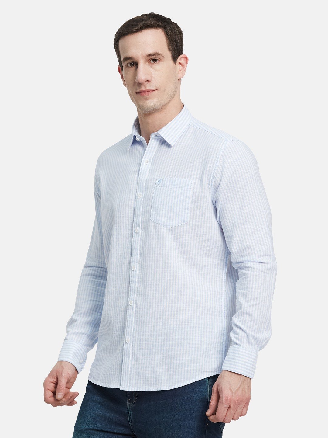 METTLE Men Spread Collar Vertical Striped Cotton Casual Shirt