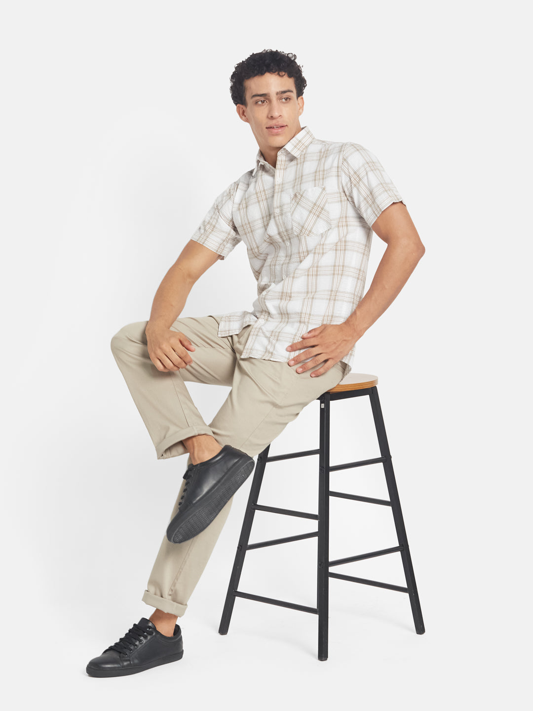 METTLE SS25 Checked Spread Collar Cotton Casual Shirt