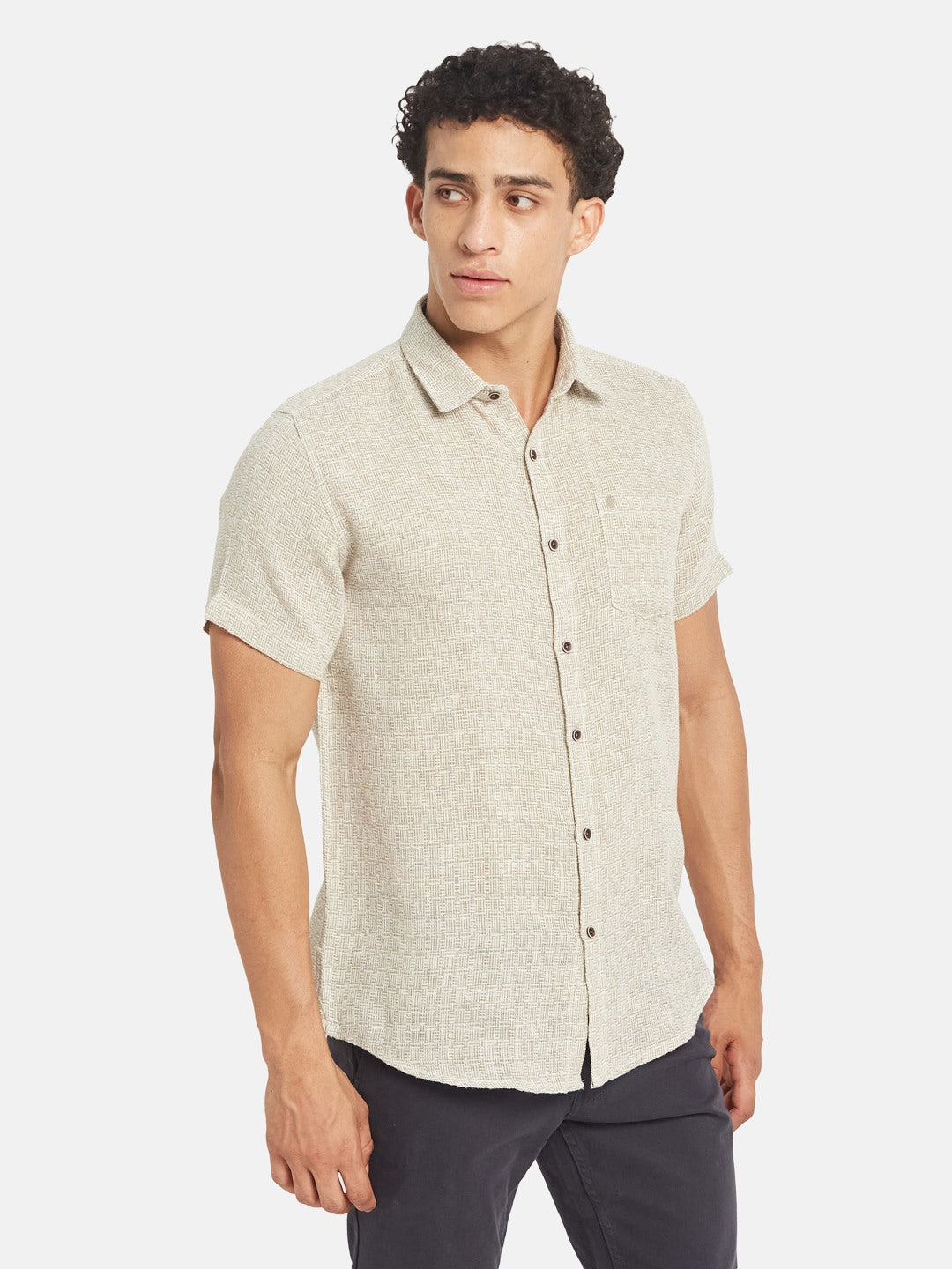 METTLE Textured Short Sleeves Spread Collar Cotton Opaque Regular Fit Casual Shirt