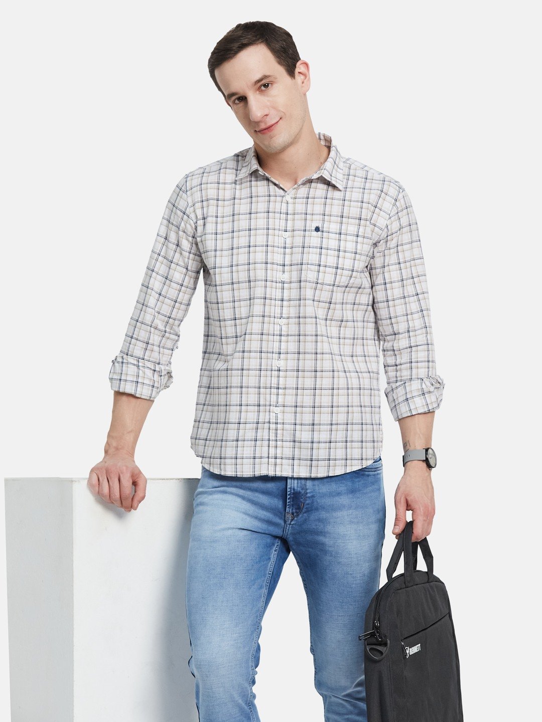 METTLE Men Spread Collar Checked Cotton Casual Shirt