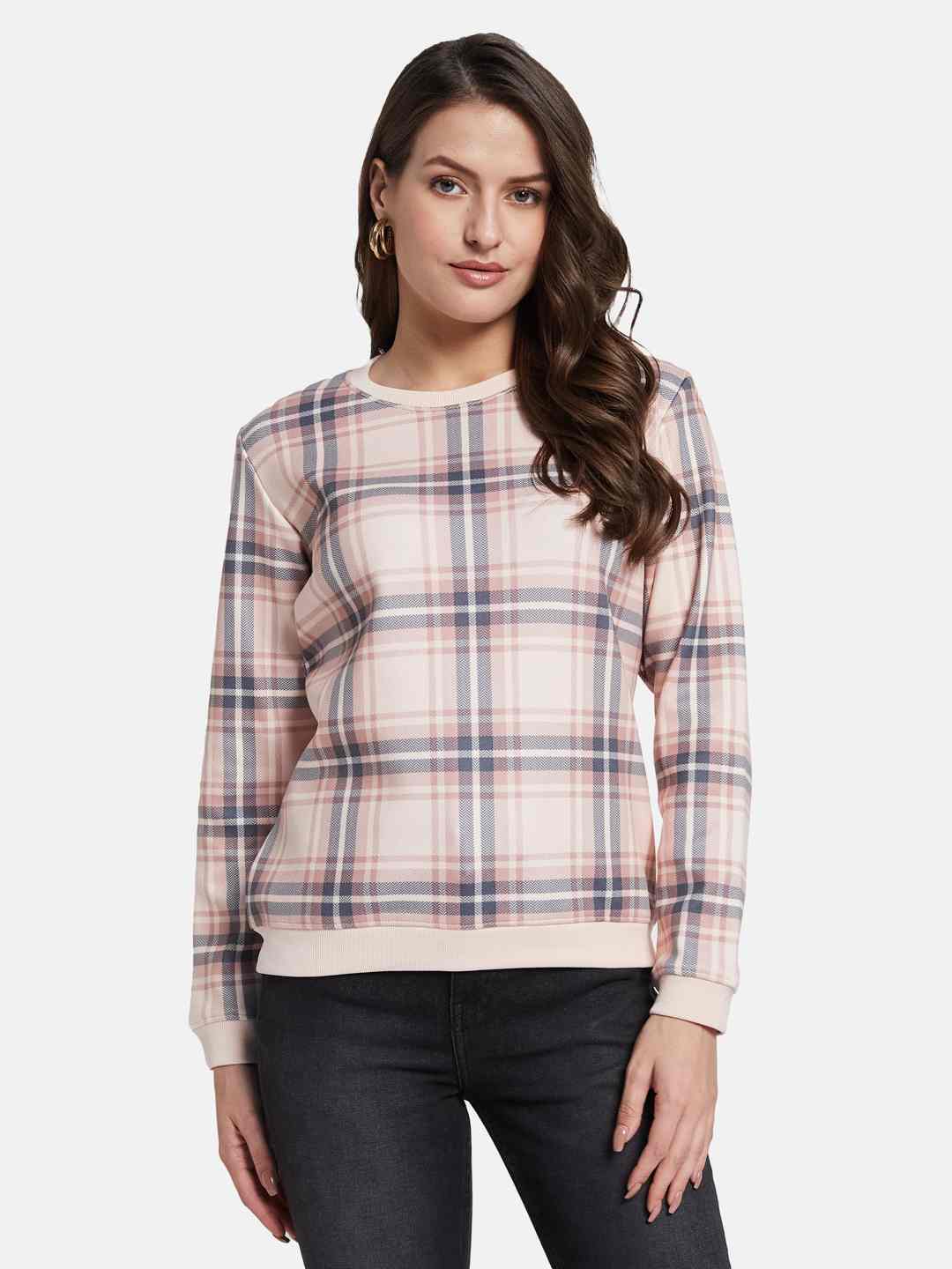 METTLE Women Checked Round Neck Long Sleeves Sweatshirt