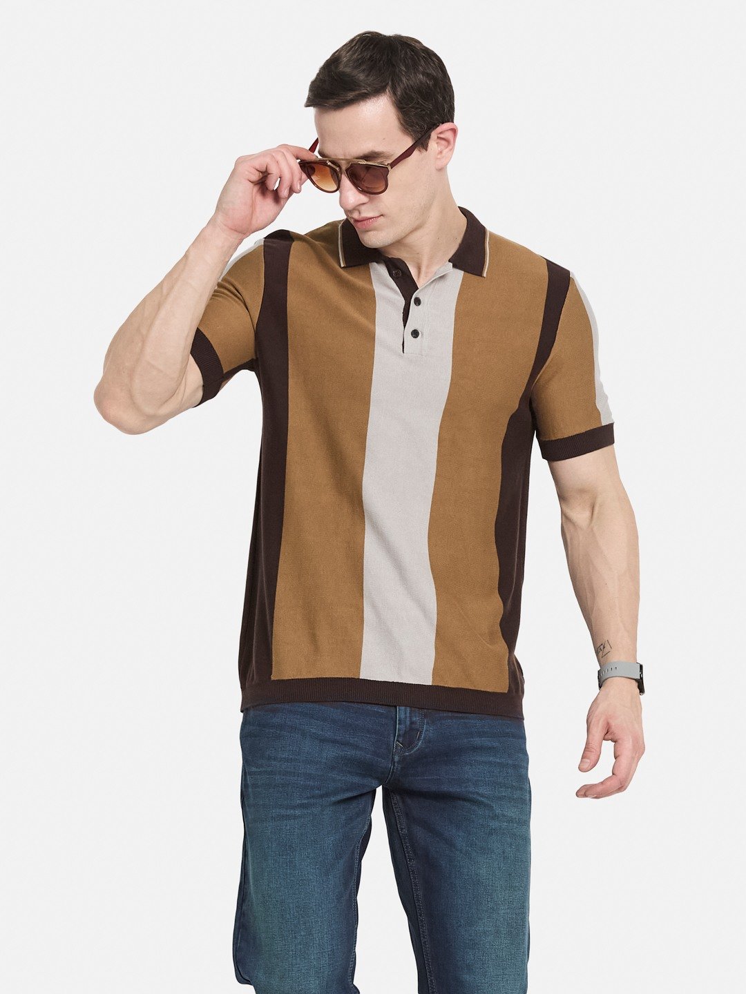 METTLE Men Colourblocked Polo Collar Cotton T-shirt