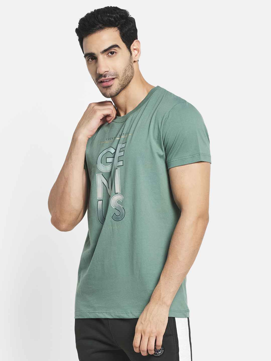 Octave Men Olive Green Typography Printed Raw Edge T-Shirt