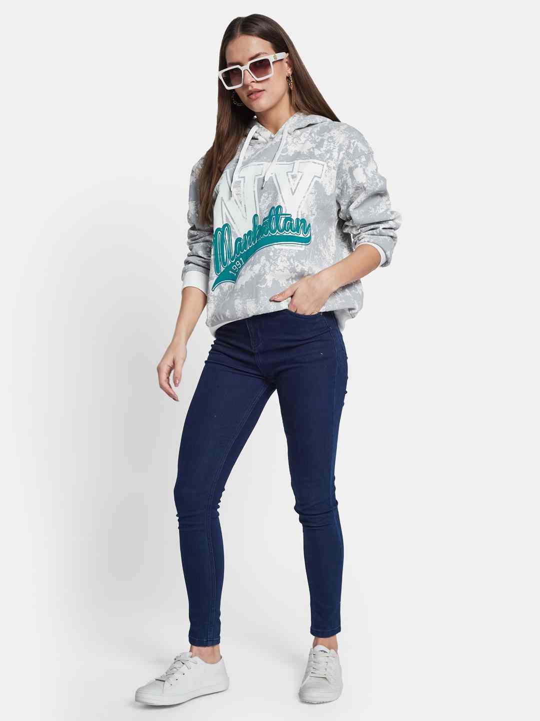 METTLE Women Printed Hooded Sweatshirt