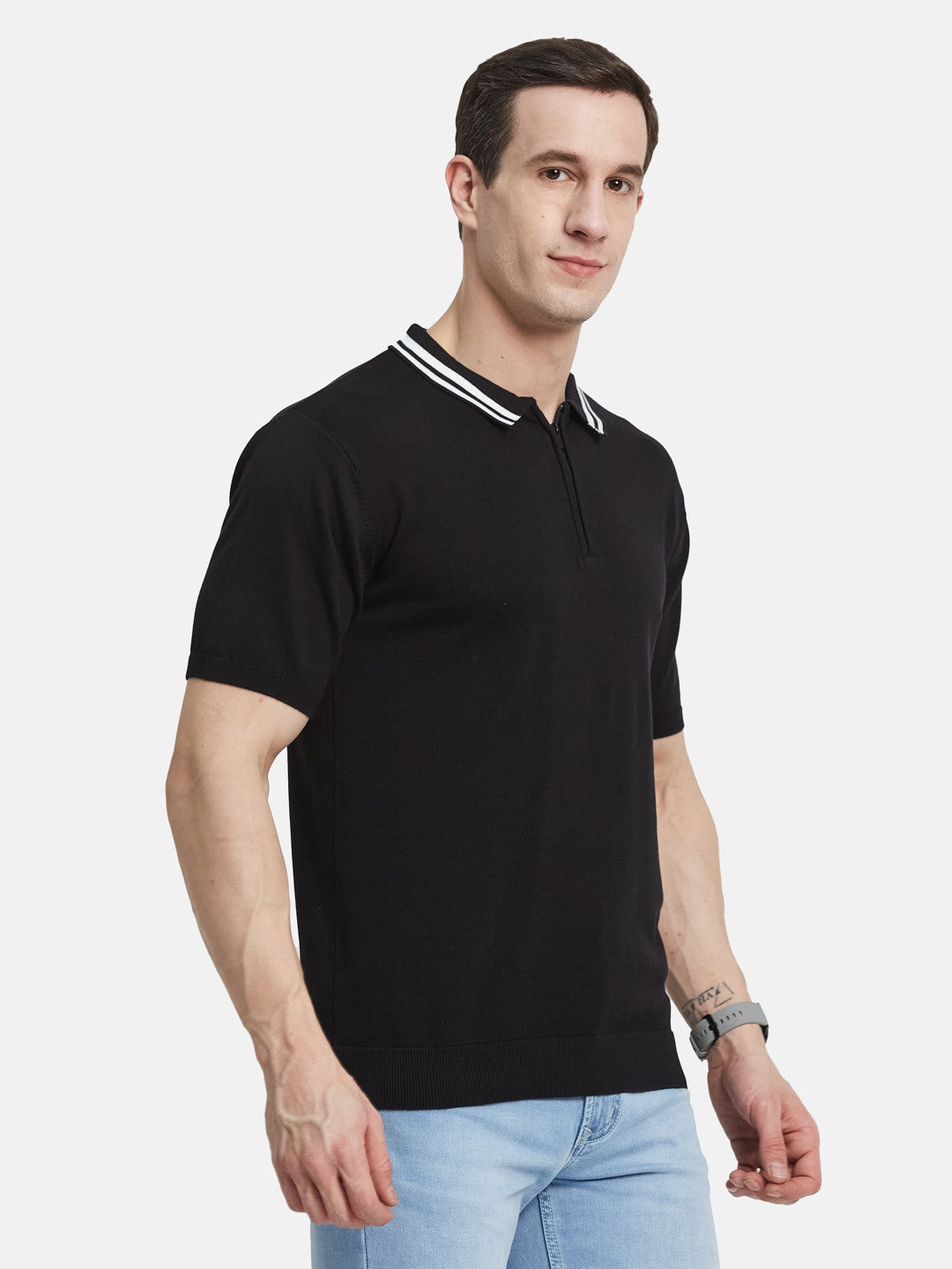 METTLE Men Solid Polo Collar Cotton T-shirt