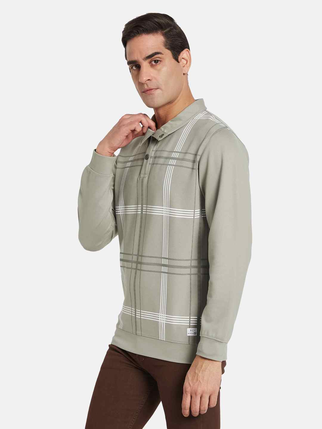 Octave Men Checked Shirt Collar Sweatshirt