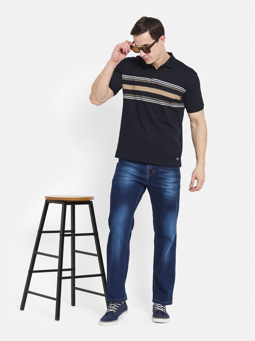 HORIZONTAL STRIPE POLO NECK POPCORN KNIT T-SHIRT