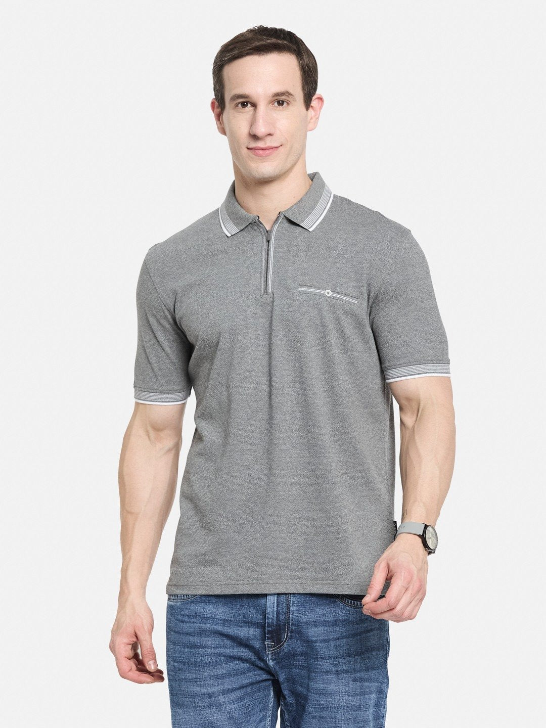 SOLID HALF-ZIP POLO NECK POPCORN KNIT T-SHIRT
