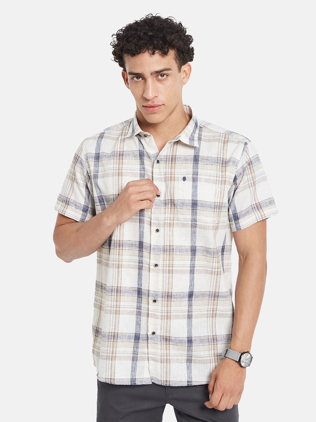 METTLE Men Tartan Checked Spread Collar Cotton Casual Shirt