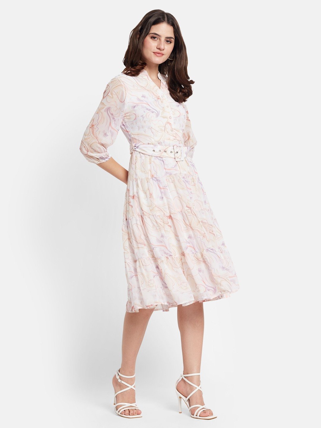 METTLE Printed Mandarin Collar Tiered Fit & Flare Dress