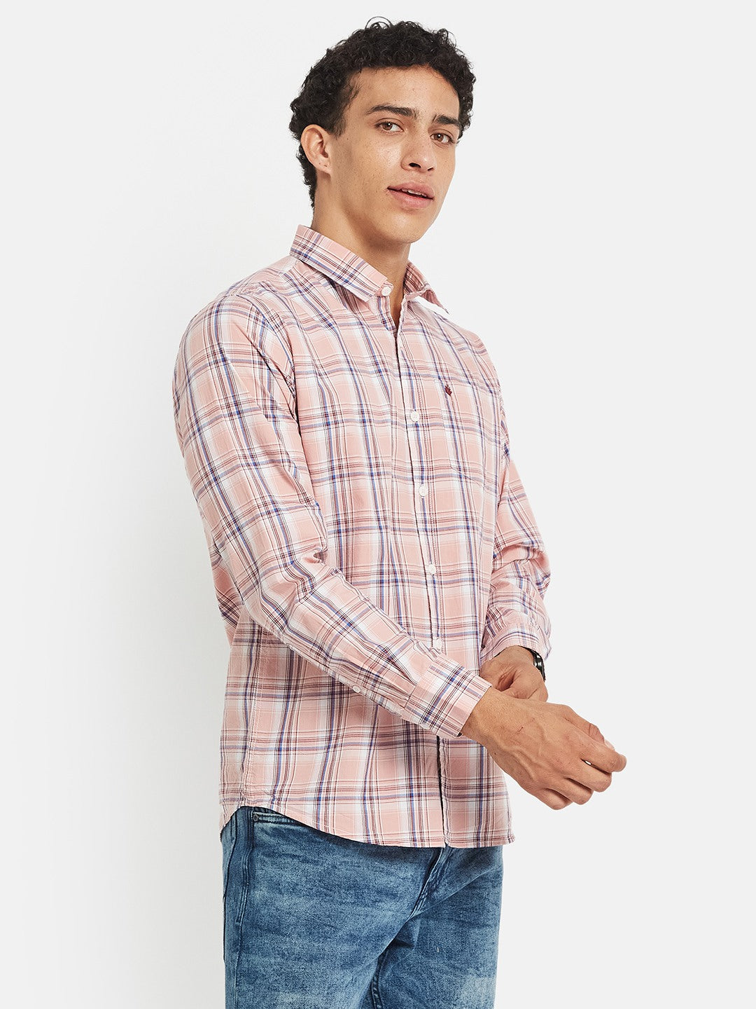 METTLE SS25 Checked Cotton Spread Collar Casual Shirt