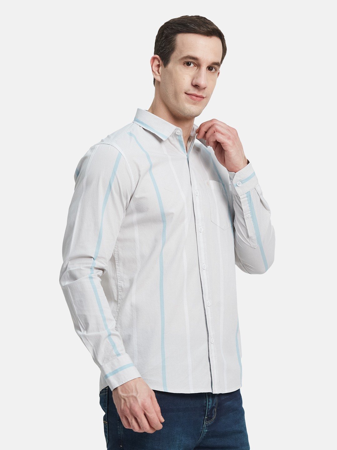 METTLE Men Spread Collar Vertical Striped Cotton Casual Shirt