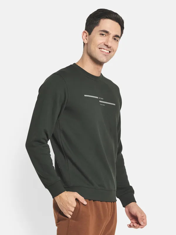 Men Olive Green Fleece Sweatshirt