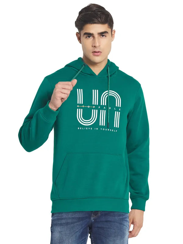 Octave Men Green Printed Fleece Hooded Sweatshirt