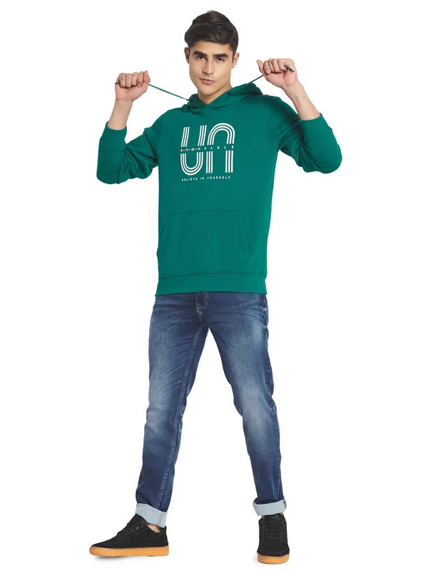 Octave Men Green Printed Fleece Hooded Sweatshirt