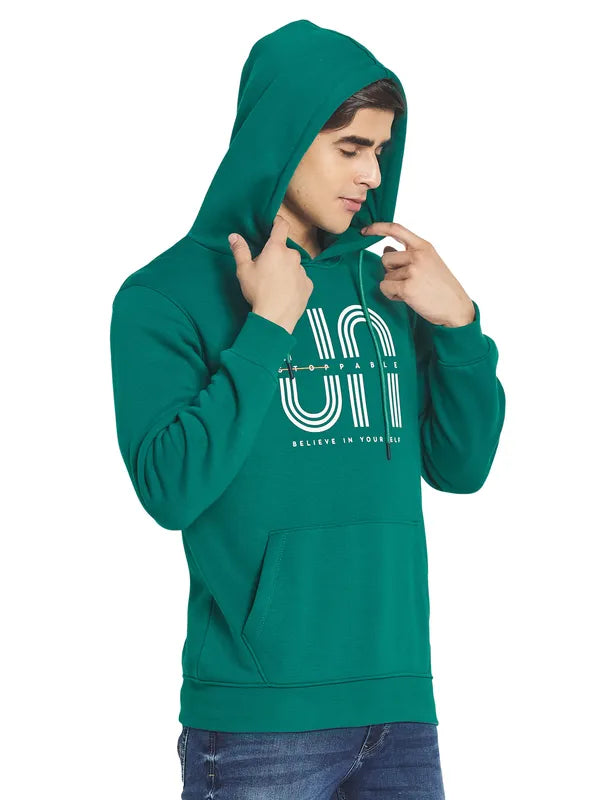 Octave Men Green Printed Fleece Hooded Sweatshirt