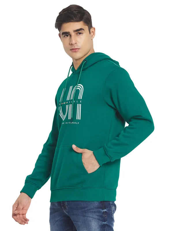 Octave Men Green Printed Fleece Hooded Sweatshirt