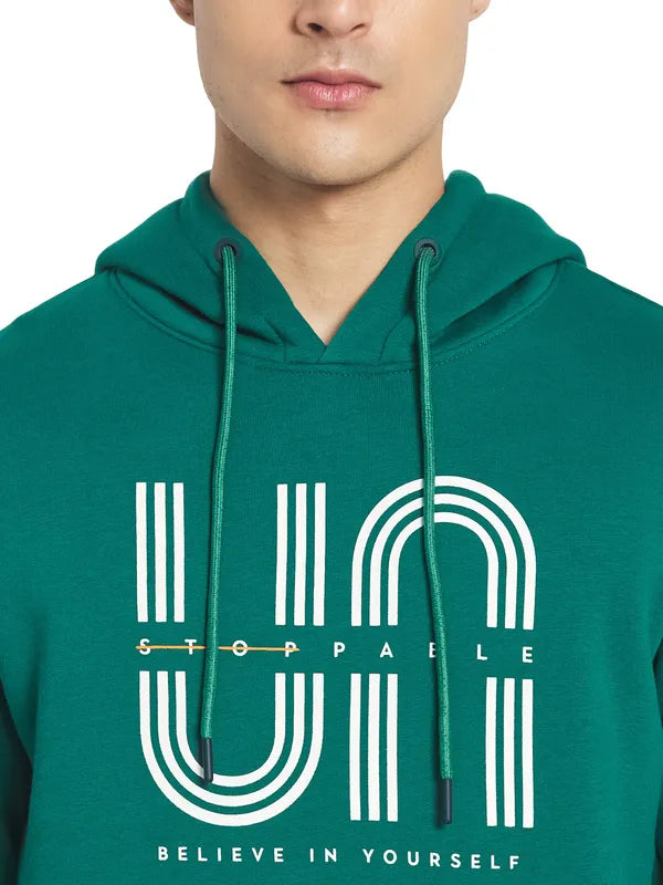 Octave Men Green Printed Fleece Hooded Sweatshirt