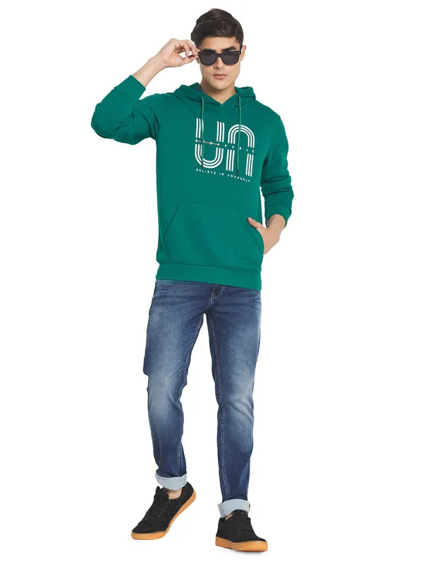 Octave Men Green Printed Fleece Hooded Sweatshirt
