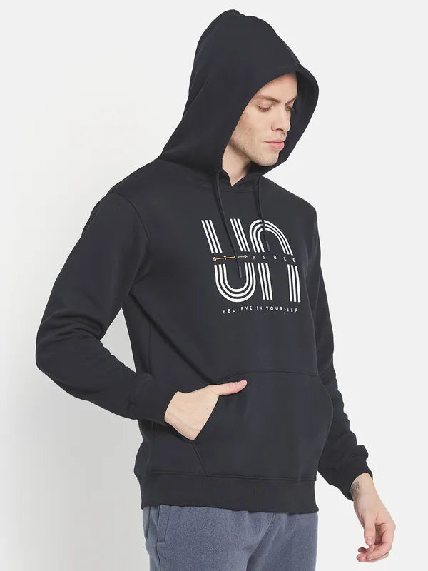 Men Navy Blue Printed Hooded Sweatshirt