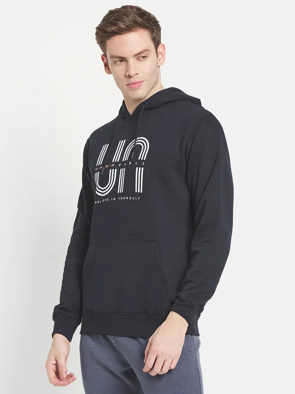 Men Navy Blue Printed Hooded Sweatshirt