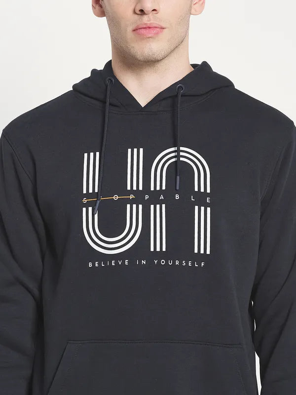 Men Navy Blue Printed Hooded Sweatshirt