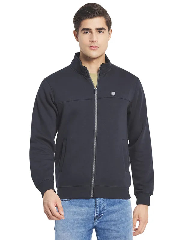 Octave Men Navy Blue Solid Fleece Front-Open Sweatshirt