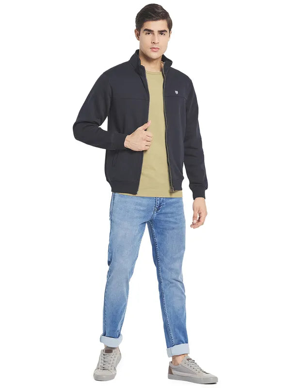 Octave Men Navy Blue Solid Fleece Front-Open Sweatshirt