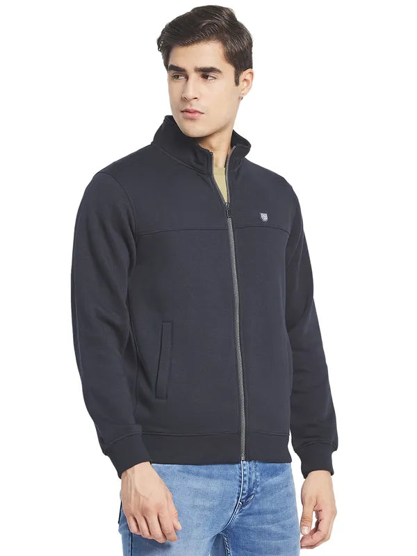 Octave Men Navy Blue Solid Fleece Front-Open Sweatshirt
