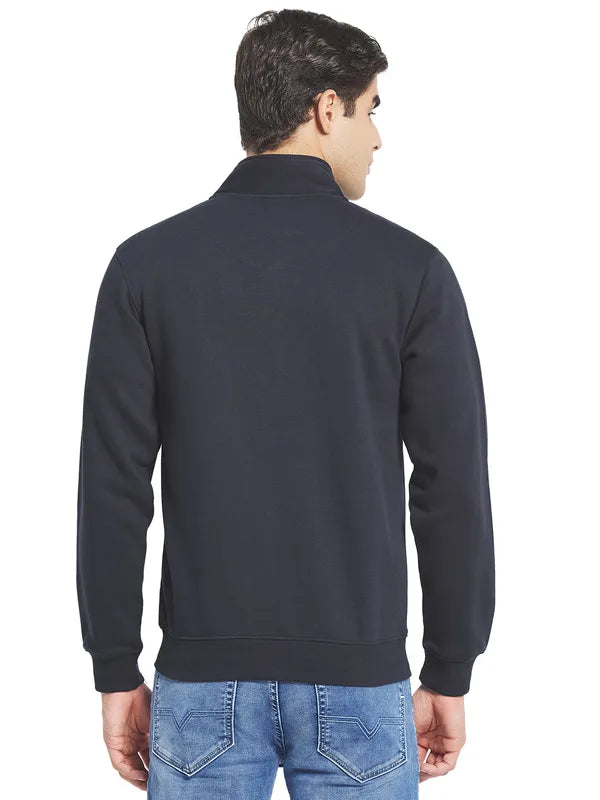 Octave Men Navy Blue Solid Fleece Front-Open Sweatshirt