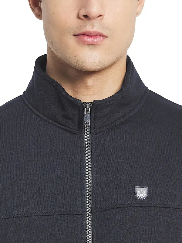 Octave Men Navy Blue Solid Fleece Front-Open Sweatshirt