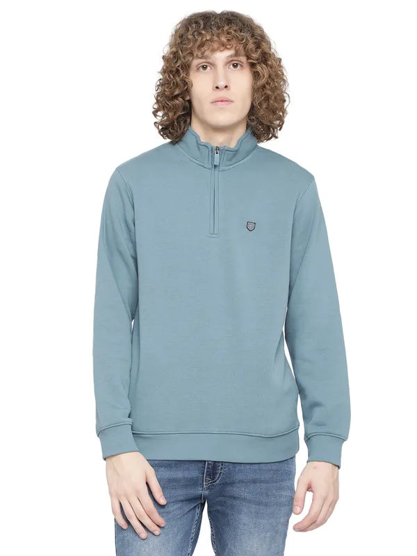 Octave Men Blue Solid Fleece Sweatshirt