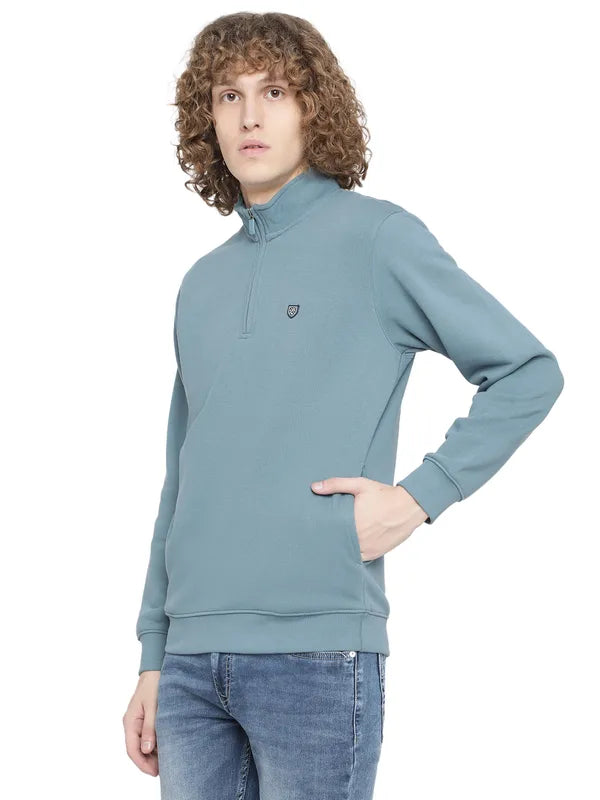 Octave Men Blue Solid Fleece Sweatshirt