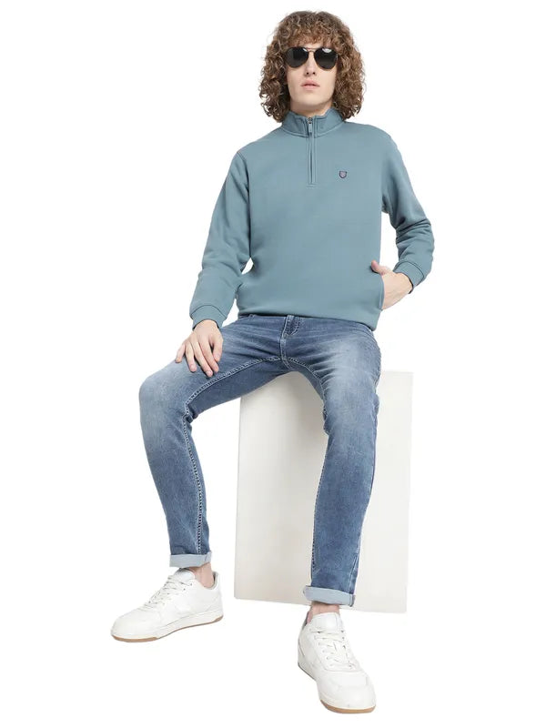 Octave Men Blue Solid Fleece Sweatshirt