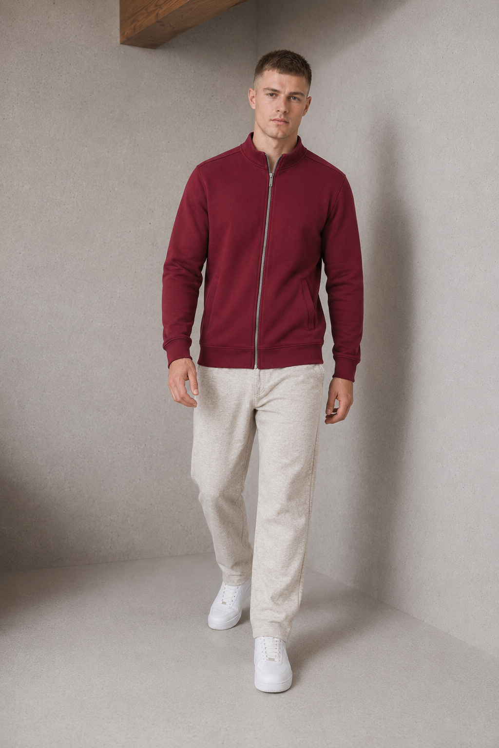 Men’s Merlot Melange German Velvet Full-Zip Sweatshirt – Regular Fit Stand Collar Winter Sweatshirts
