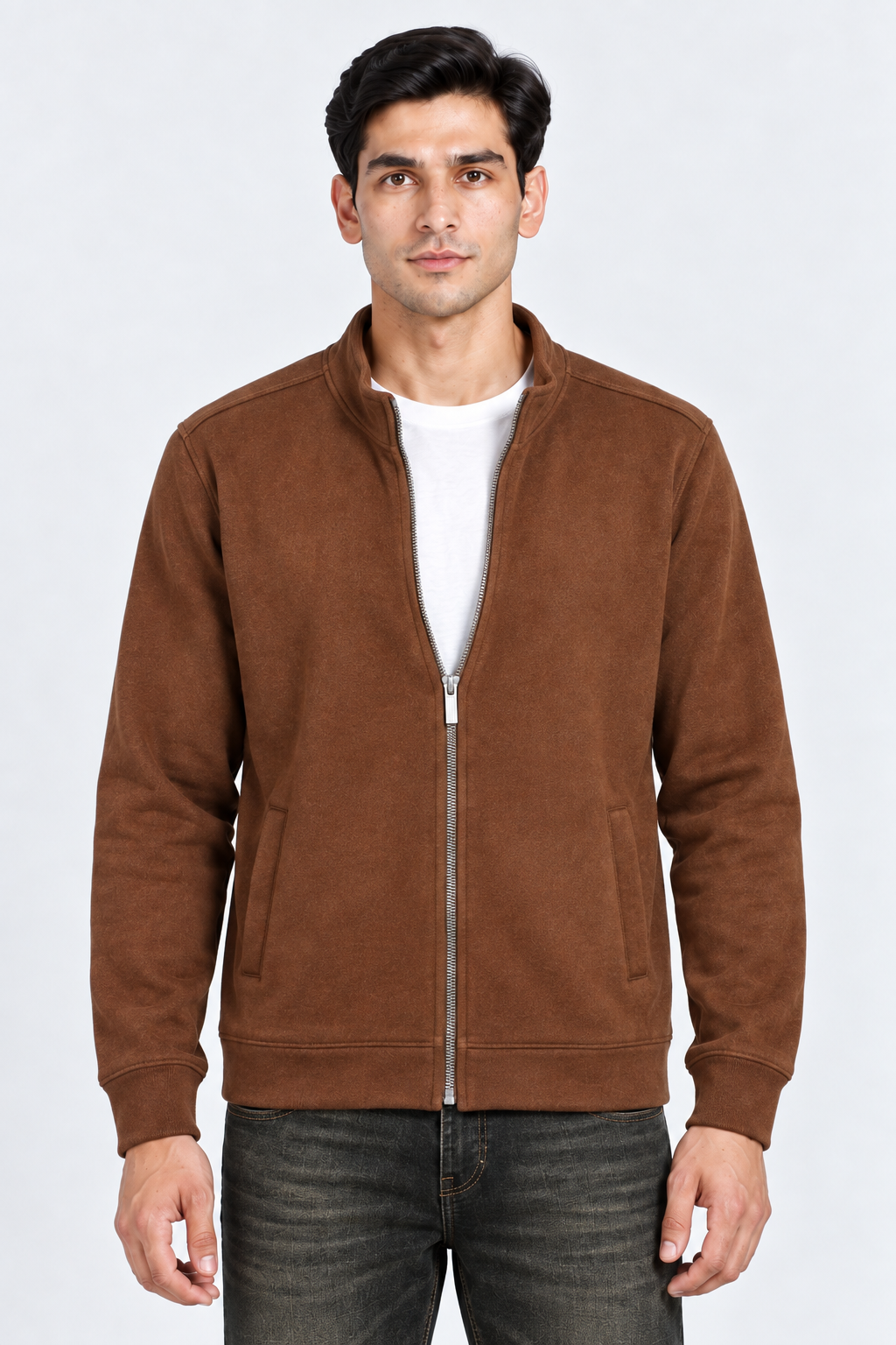 Men’s Regular Fit German Velvet Full-Zip Sweatshirt – Tan