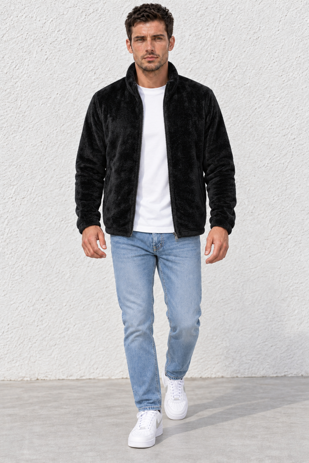 Men’s Black Fur Full-Zip Winter Sweatshirt | Stand Collar