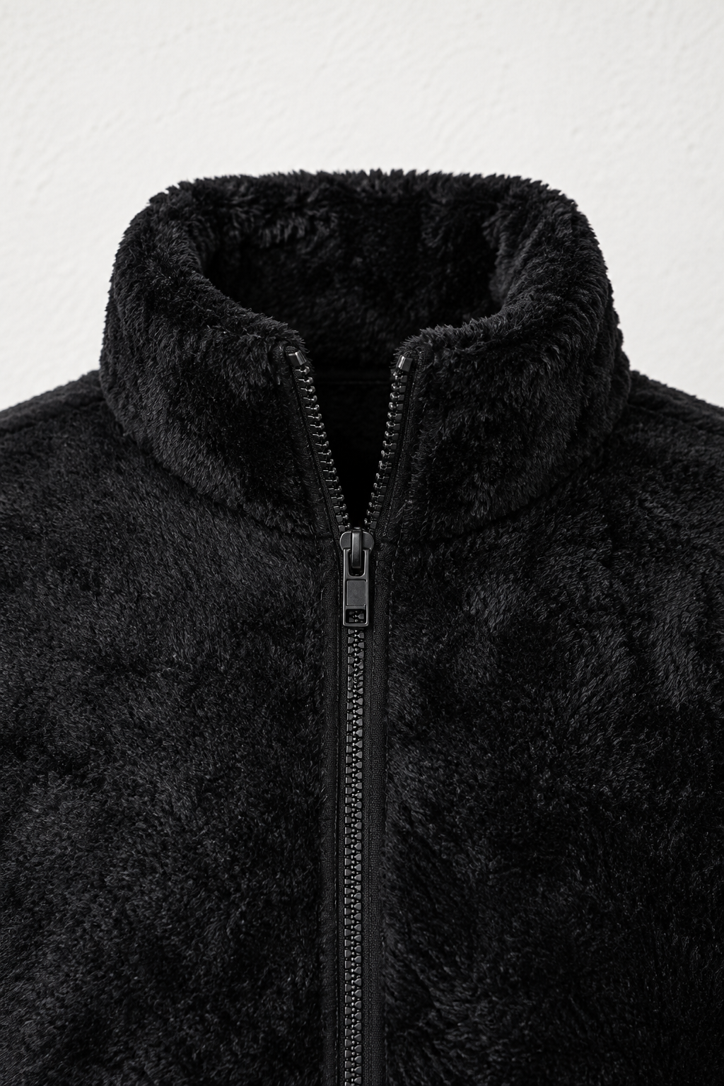 Men’s Black Fur Full-Zip Winter Sweatshirt | Stand Collar