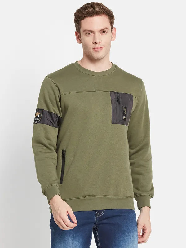 Men Olive Green Colourblocked Sweatshirt