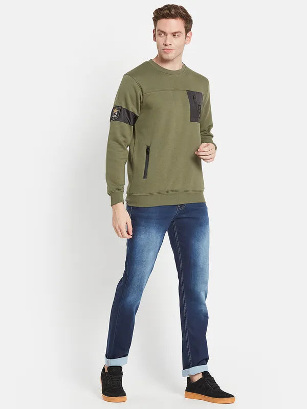 Men Olive Green Colourblocked Sweatshirt