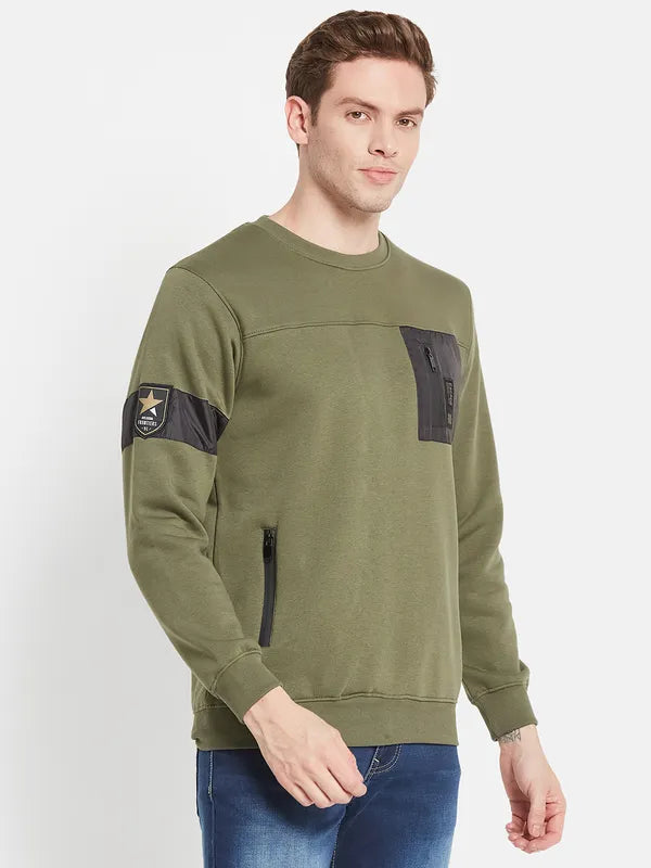 Men Olive Green Colourblocked Sweatshirt