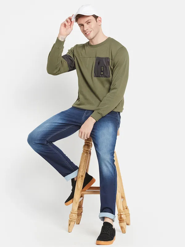 Men Olive Green Colourblocked Sweatshirt