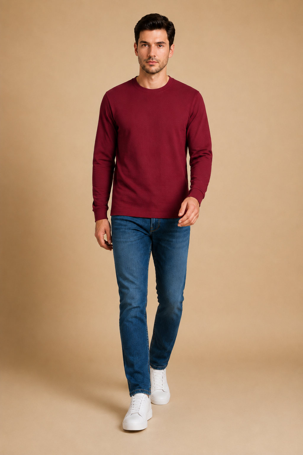 Men’s Deep Merlot Brushed Seersucker Fleece Full Sleeve Winter Sweatshirt
