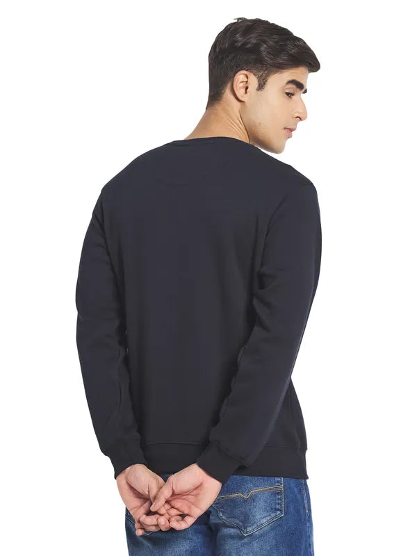 Octave Men Navy Blue Solid Fleece Round Neck Sweatshirt