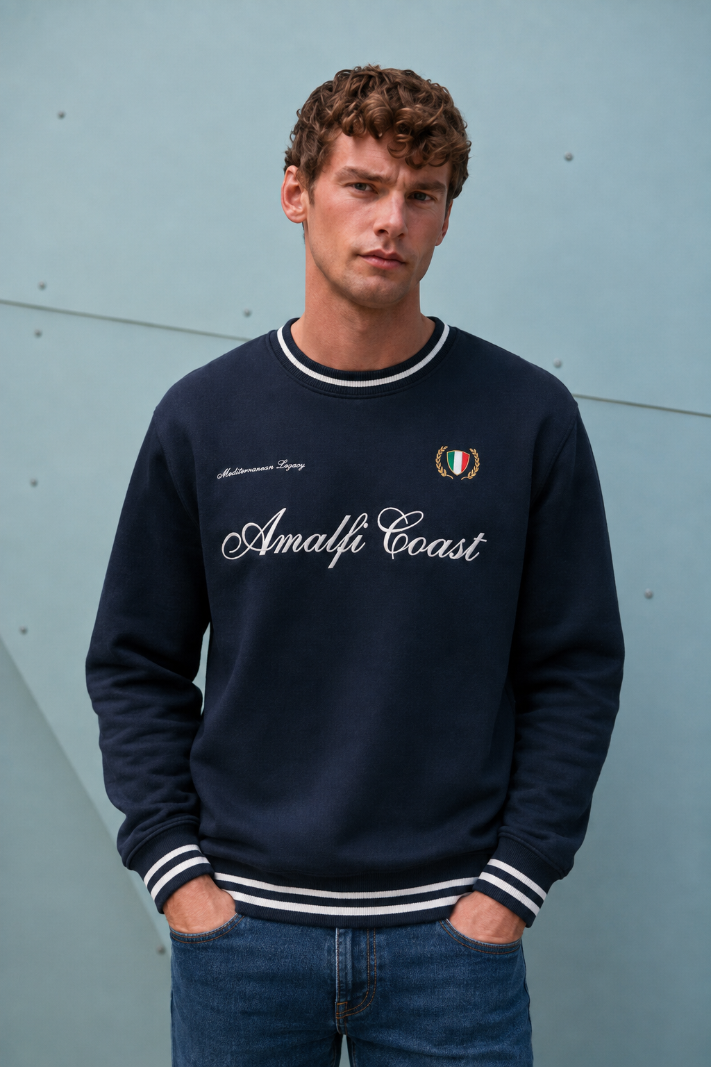 Men’s Dark Navy Cotton Fleece Crew Neck Sweatshirt – Regular Fit Full Sleeve Graphic Winter Sweatshirt