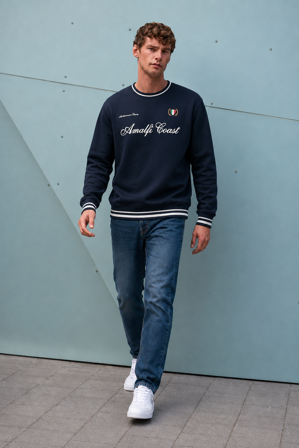 Men’s Dark Navy Cotton Fleece Crew Neck Sweatshirt – Regular Fit Full Sleeve Graphic Winter Sweatshirt