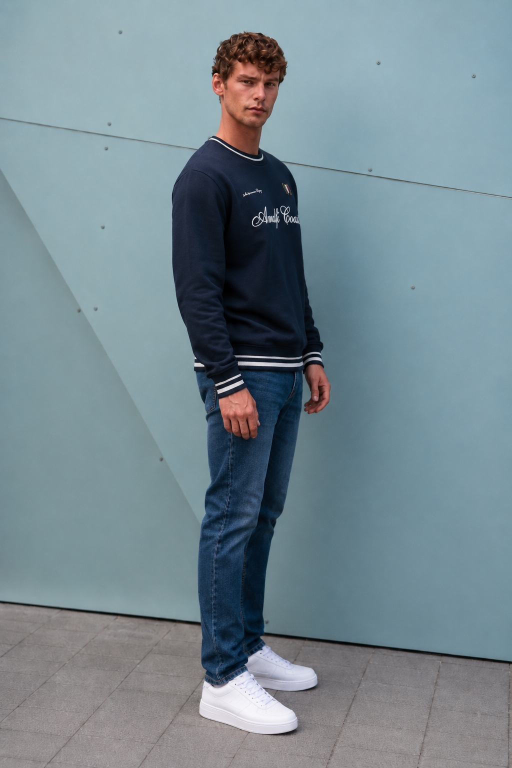 Men’s Dark Navy Cotton Fleece Crew Neck Sweatshirt – Regular Fit Full Sleeve Graphic Winter Sweatshirt