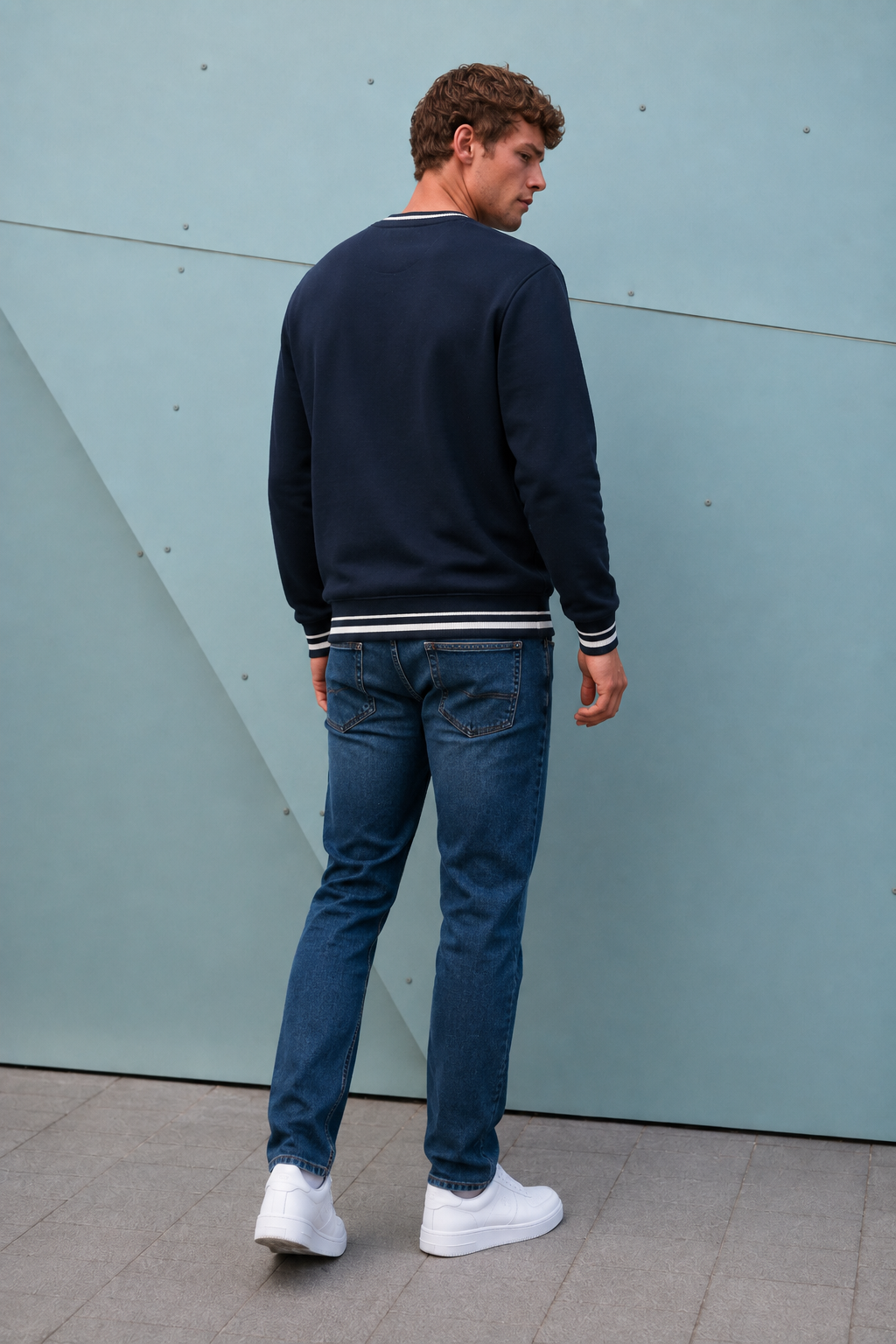 Men’s Dark Navy Cotton Fleece Crew Neck Sweatshirt – Regular Fit Full Sleeve Graphic Winter Sweatshirt