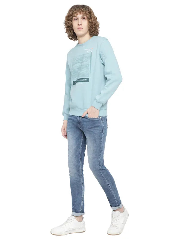 Octave Men Plus Size Blue Fleece Printed Sweatshirt